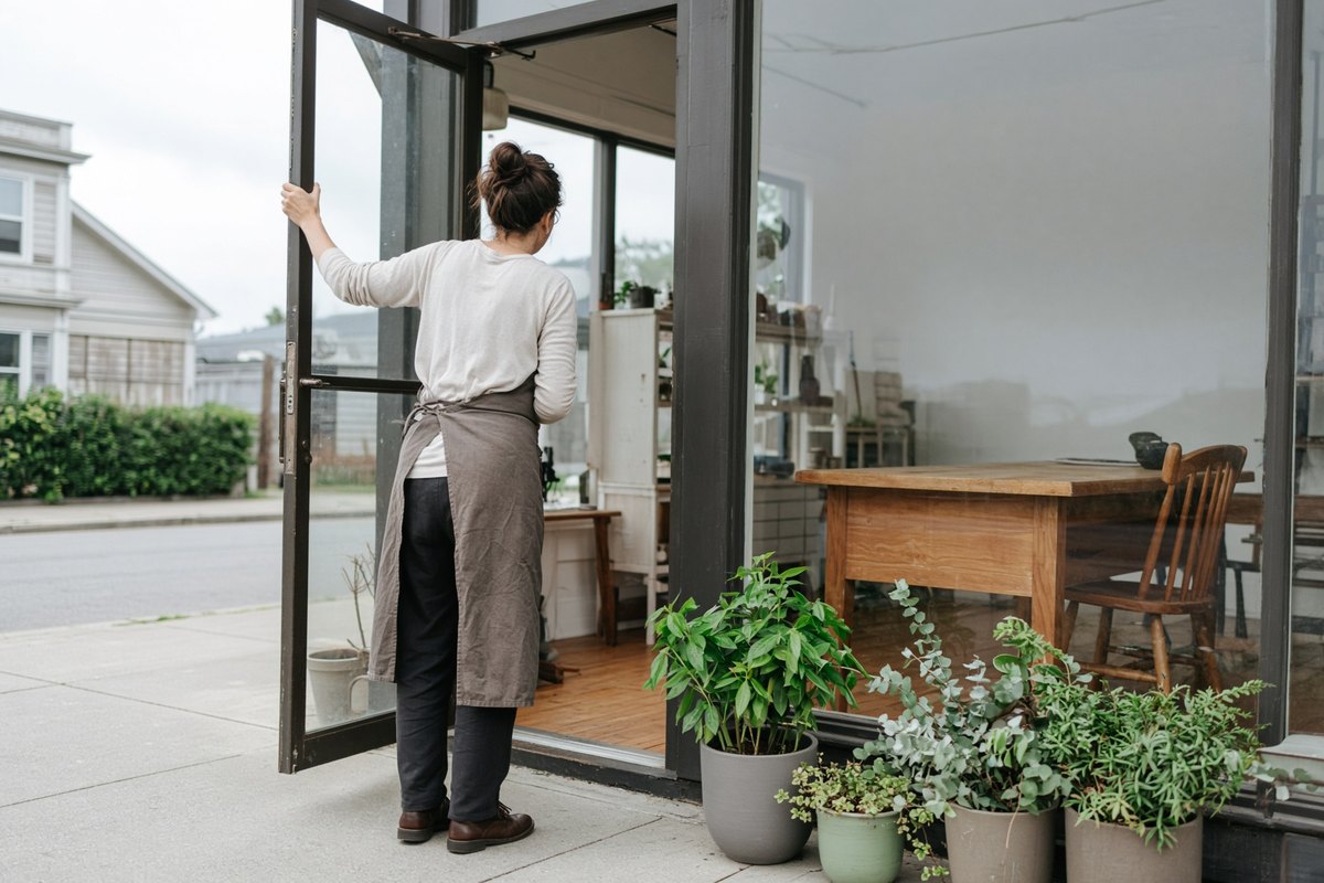 A shop owner in an apron props open the glass door of a small storefront on a bright morning