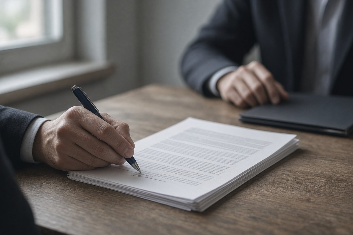 Close view of a person signing the last page of a thick printed contract while another party watches across the table