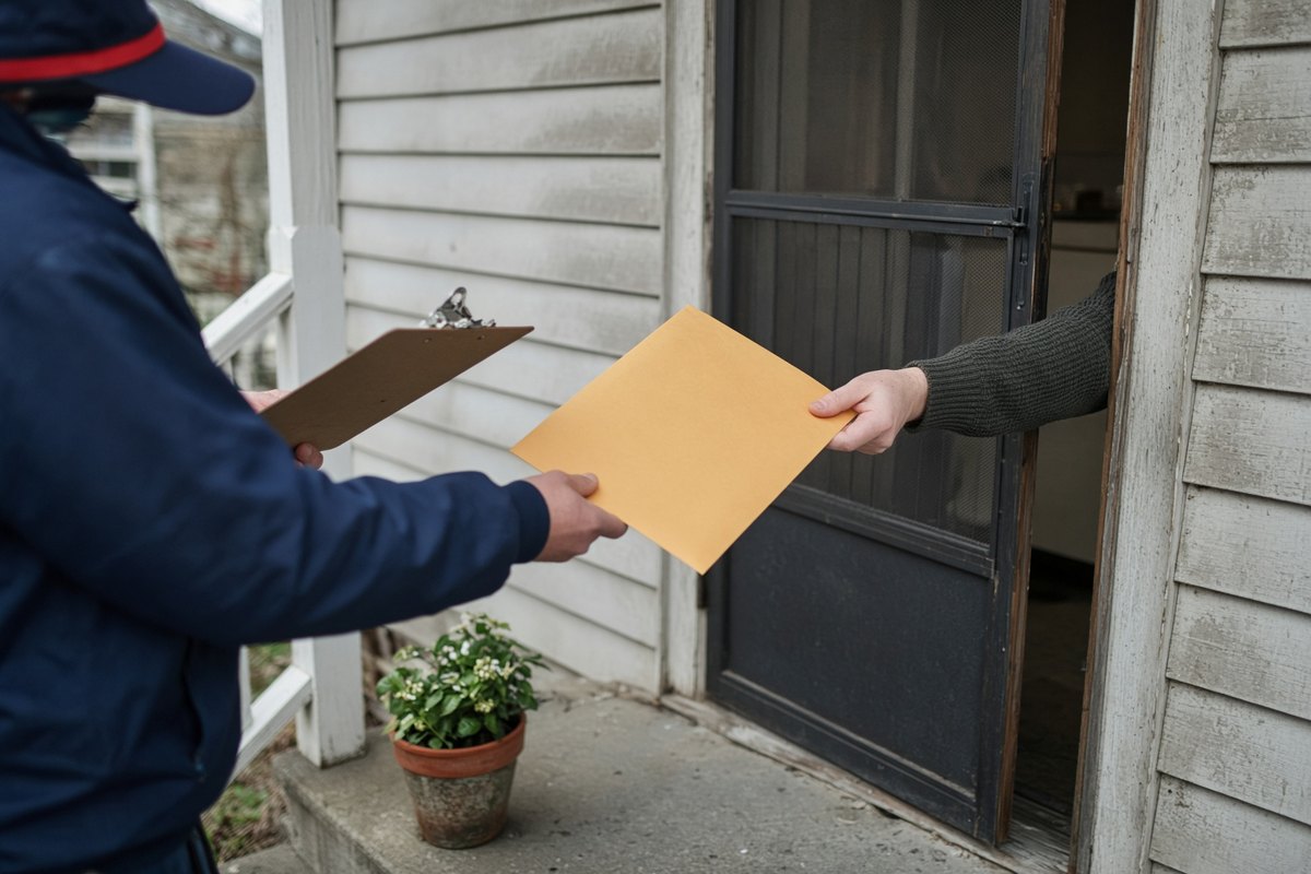 A postal carrier with a clipboard hands a large envelope to someone at the screen door of a house