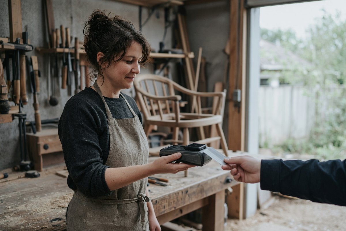 A woman in a workshop apron holds out a card reader as a customer taps a card to pay for furniture